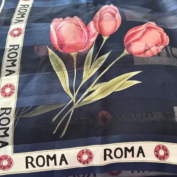 Gorgeous Vintage Roma 40” Square Scarf Navy w Tulip Print - Picture 1 of 8